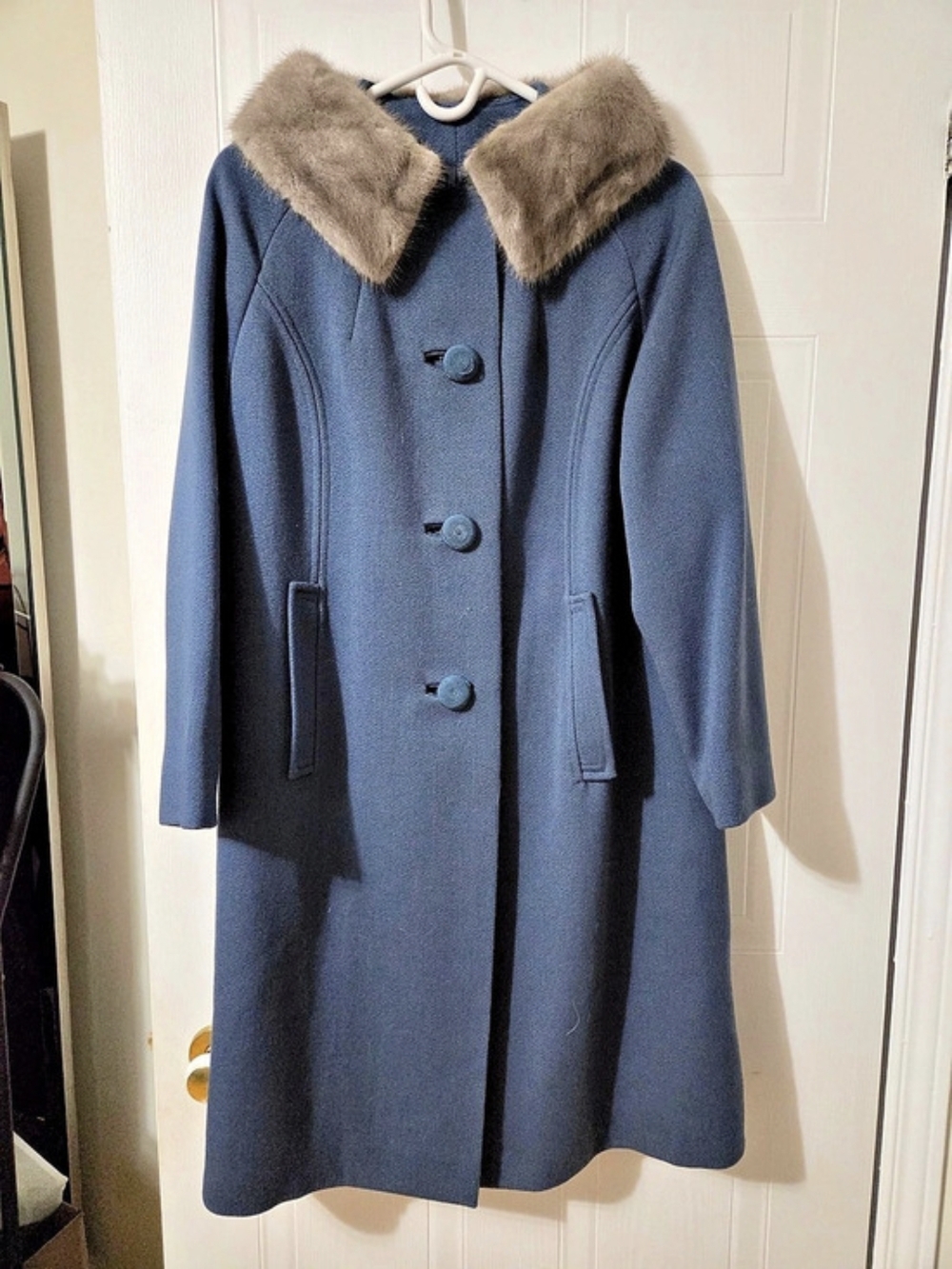 Vintage 1950s Holly Gab Blue Wool Coat Genuine Mink Fur Collar
